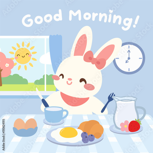Cute bunny enjoying breakfast in a sunny morning scene. An adorable bunny illustration enjoying a delicious breakfast on a sunny morning, featuring kawaii art style and vibrant pastel colors.