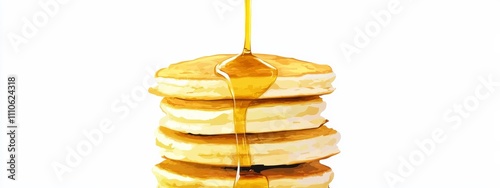 A tower of fluffy pancakes drizzled with maple syrup, isolated white background, impressionist art style