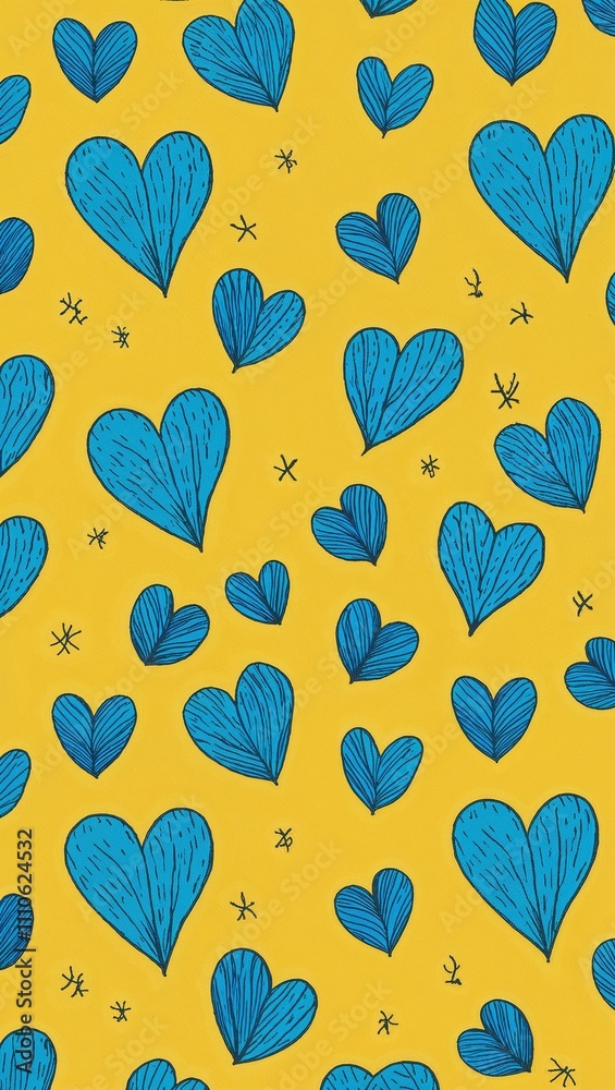 Blue Heart pattern hand drawn design on Yellow background illustration Blue Heart pattern hand drawn design on Yellow background illustration
