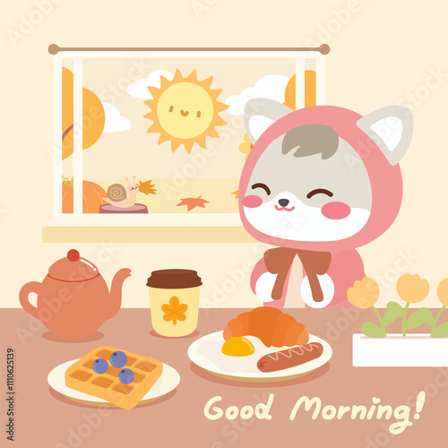 Cute cartoon cat with autumn breakfast and cozy morning vibes. A heartwarming illustration of a cute cartoon cat in a pink hoodie and enjoying a delicious autumn breakfast.