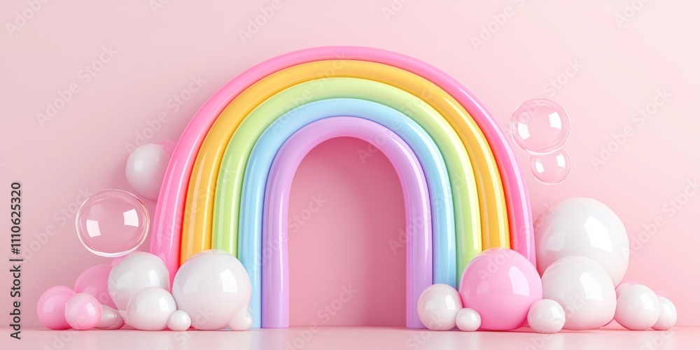 Pastel Rainbow Arch with Glossy Spheres Pink Background 3D Render Pastel Rainbow Arch with Glossy Spheres Pink Background 3D Render