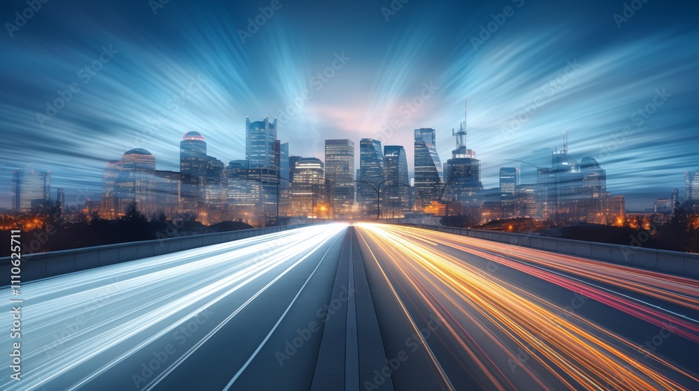Fototapeta premium A long exposure photograph of city lights at night with a soft pastel background. The subject is placed to the left with empty space on the right side of the frame, generative ai illustration