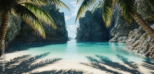 A secluded beach with crystal-clear water and towering cliffs nearby. Palm trees cast shadows on the sand, and the whole scene feels like a hidden paradise. photo