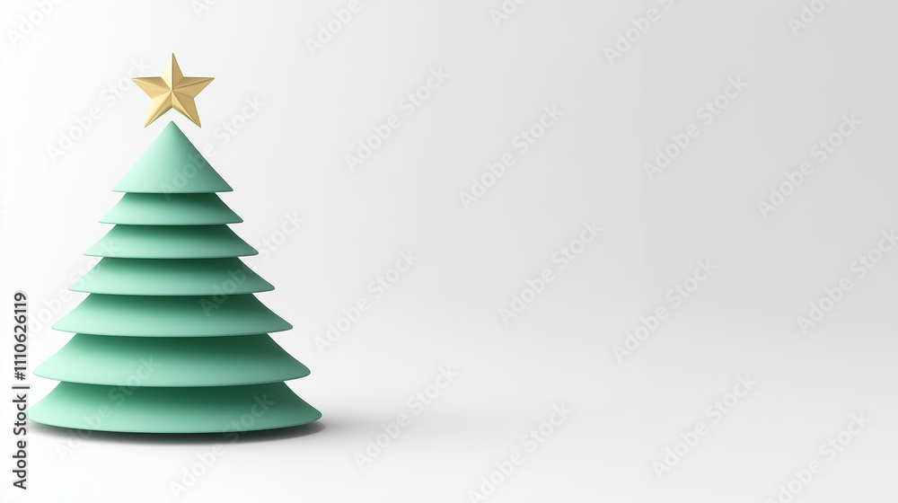 Minimalistic green Christmas tree with tiered layers and a golden star on a white background, simple and modern. Minimalistic green Christmas tree with tiered layers and a golden star on a white background, simple and modern.