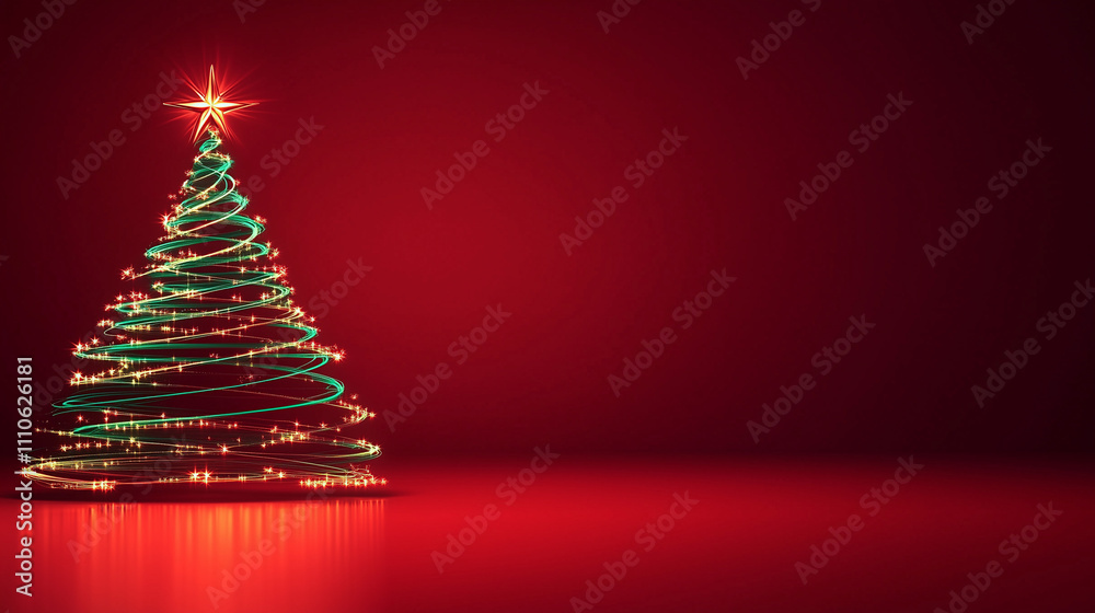 Sparkling Christmas tree with green and gold light spirals topped by a radiant star on a deep red background. Sparkling Christmas tree with green and gold light spirals topped by a radiant star on a deep red background.