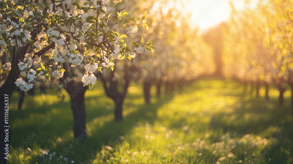 A serene orchard in springtime, with blossoming trees and sunlight filtering through the branches A serene orchard in springtime, with blossoming trees and sunlight filtering through the branches
