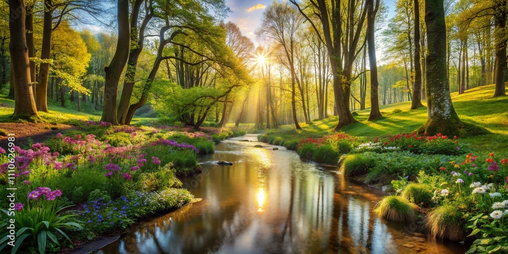 Breathtaking Panoramic Photography of a Lush Spring Scene in a Vibrant Forest with Blooming Flowers, Sunlight Streaming Through the Trees, and a Tranquil Stream Flowing Nearby Breathtaking Panoramic Photography of a Lush Spring Scene in a Vibrant Forest with Blooming Flowers, Sunlight Streaming Through the Trees, and a Tranquil Stream Flowing Nearby