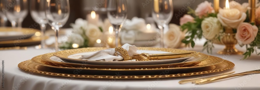 Luxurious wedding reception table with shimmering gold chargers and fine china, gold, luxurious Luxurious wedding reception table with shimmering gold chargers and fine china, gold, luxurious