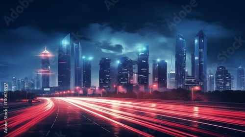 A nighttime cityscape with a long exposure, featuring blurred lights and a soft-colored background. Hard Light on the subject contrasts against the ambient ,generative ai illustration