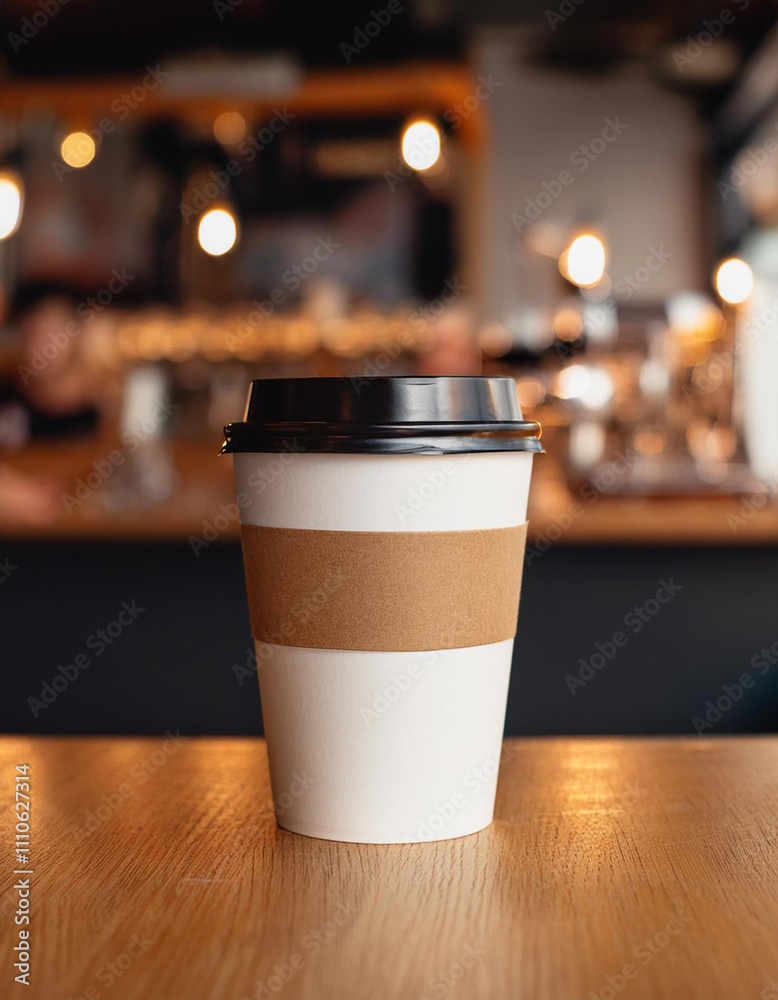 A stylish coffee cup on a wooden table in a warm cafe, ideal for relaxing with friends over a delicious brew A stylish coffee cup on a wooden table in a warm cafe, ideal for relaxing with friends over a delicious brew