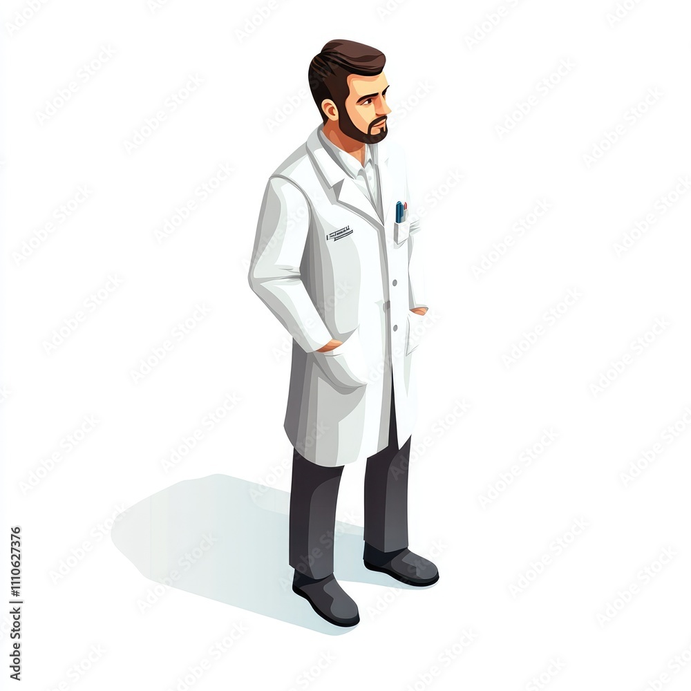 Isometric illustration of a serious doctor in a white coat. Isometric illustration of a serious doctor in a white coat.