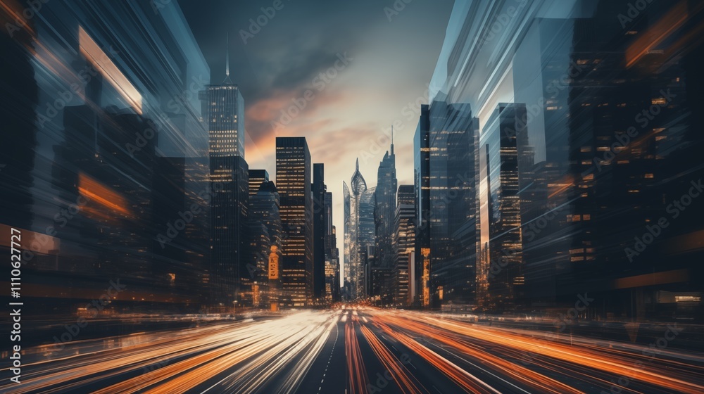 A photograph of a city skyline at night with lights captured in motion. The background is a light color, with the subject placed on the right side. Golden Hour Lighting ,generative ai illustration A photograph of a city skyline at night with lights captured in motion. The background is a light color, with the subject placed on the right side. Golden Hour Lighting ,generative ai illustration