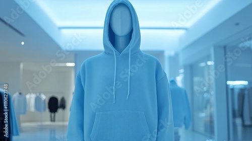 Stylish blue hoodie displayed on mannequin in modern retail space photo