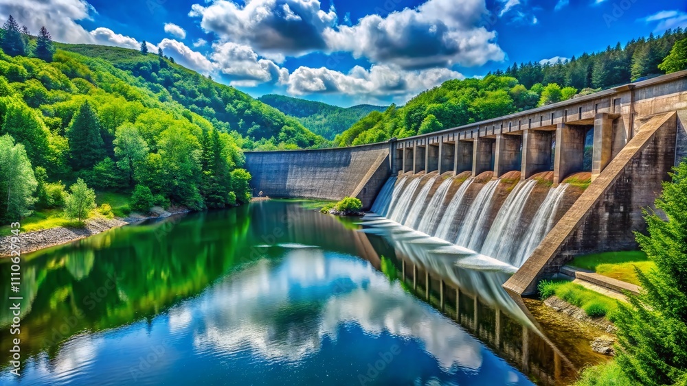 Breathtaking View of Liberty Reservoir Dam Surrounded by Lush Greenery and Clear Blue Skies Captured Using the Rule of Thirds for Stunning Visual Impact Breathtaking View of Liberty Reservoir Dam Surrounded by Lush Greenery and Clear Blue Skies Captured Using the Rule of Thirds for Stunning Visual Impact