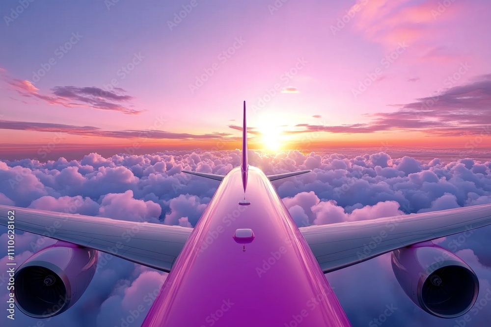 Fototapeta premium A bird-eye view of a plane flying through soft, cottony clouds, with a brilliant sunrise in the background