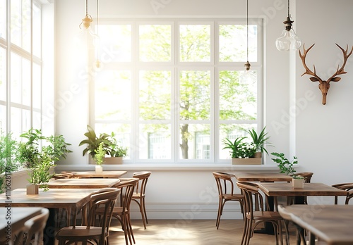 Sunlit Cafe Interior With Wooden Tables And Chairs photo