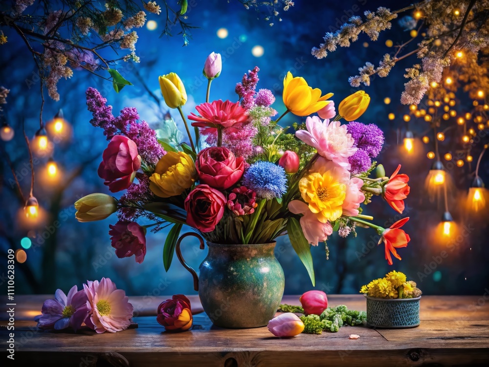 Bright and Fresh Floral Arrangement Against a Spring Backdrop, Symbolizing Renewal and the Beauty of the Season in Night Photography Bright and Fresh Floral Arrangement Against a Spring Backdrop, Symbolizing Renewal and the Beauty of the Season in Night Photography