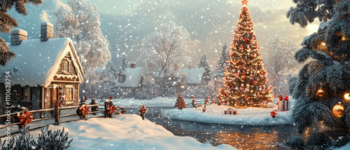 Cozy winter fairytale. 3d scene with christmas village, snowy landscape, street garland, lights, christmas tree, decorations. Holidays background. Greeting card. Happy new year. Generative ai