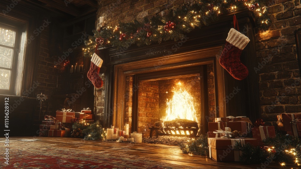 Cozy Christmas Fireplace with Presents and Garland Cozy Christmas Fireplace with Presents and Garland