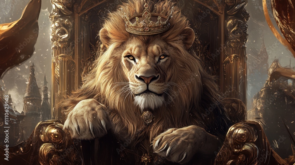 Majestic Lion Throne with Crown in a Regal Fantasy Setting Majestic Lion Throne with Crown in a Regal Fantasy Setting