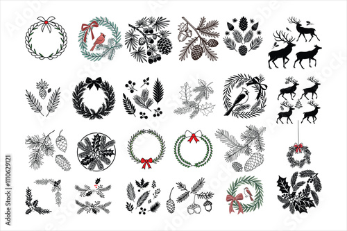 watercolor Christmas vector set with tree branches, berries, leaves, and deer.