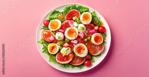 Colorful salad with cherry tomatoes, lettuce, and eggs on a pink background.