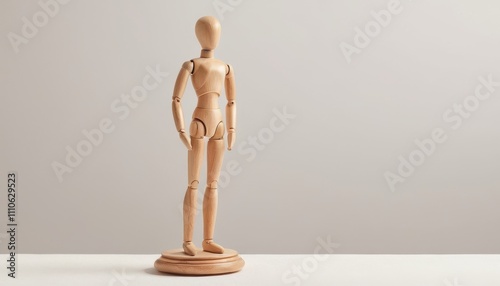 Small wooden articulated mannequin in a neutral standing pose on a clean white surface, softly illuminated by studio lighting for a minimalist aesthetic