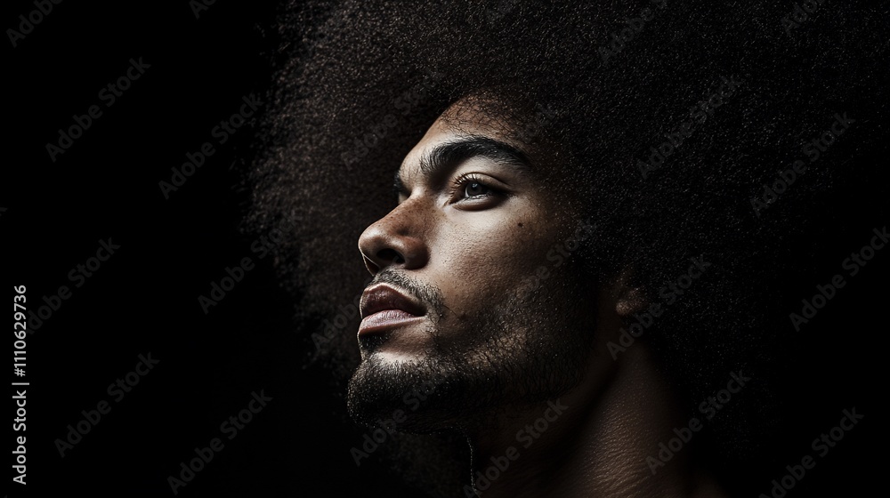 Close-up portrait of a man with a voluminous afro, gazing upward against a black background.