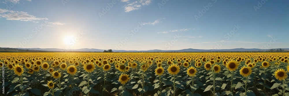 Fototapeta premium Beautiful landscape of sunflower fields against clear blue sky, background, scenery