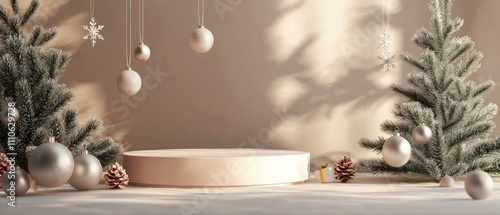 Christmas 3d podium, stage, scene, for product presentation with gifts, christmas trees, golden decorations, lights on beige. New year showcase. Mockup. Generative ai
