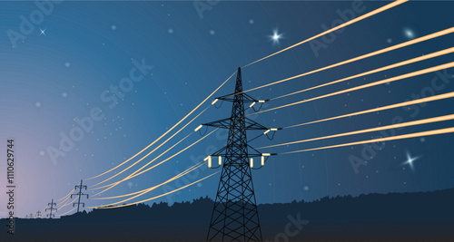 Electric grid with shiny wires, on a starry night sky