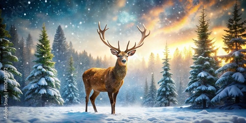 Candid Photography of a Majestic Deer Rudolph in a Winter Wonderland, Capturing the Beauty of Nature and the Spirit of the Holidays with Soft Snowflakes and Scenic Forest Background