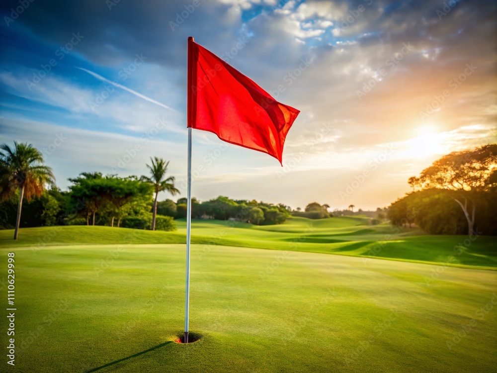 Obraz premium Candid Photography of a Red Flag in a Golf Hole Isolated on a White Background, Perfect for Sports and Recreation Themes