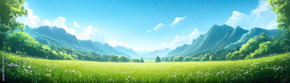 Fototapeta premium Vibrant landscape with mountains, clear blue sky, and lush green field under bright sunlight.
