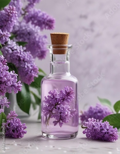 Glass dropper bottle filled with lilac essential oil and blooming lilac flowers, herbal ingredients, health supplement, holistic approach