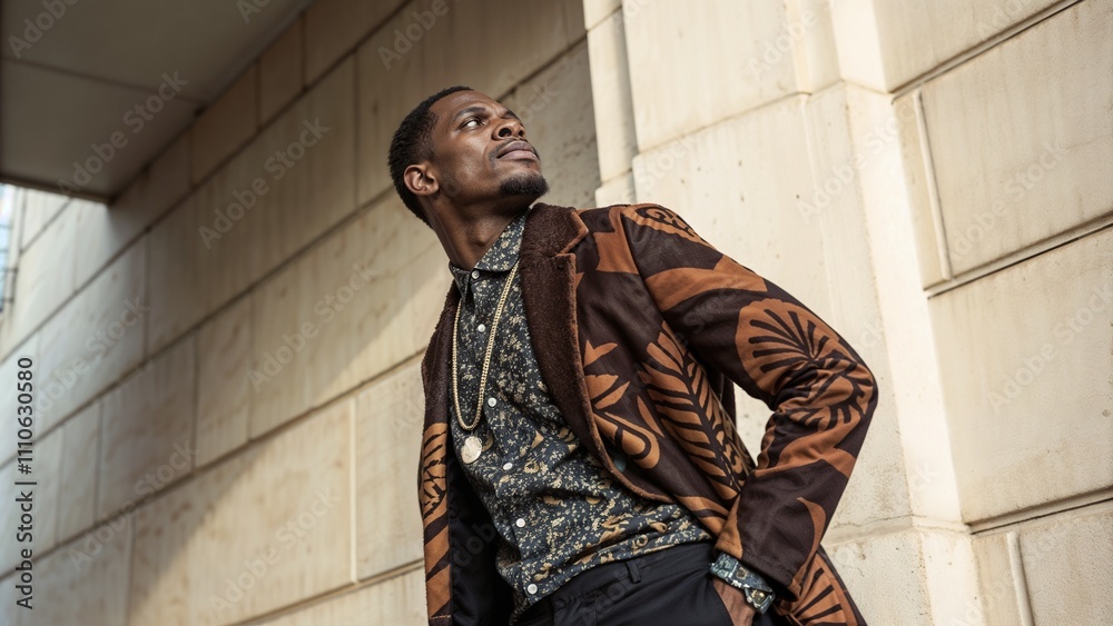 Fototapeta premium Stylish dark-skinned man in patterned jacket against stone wall