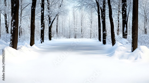 A serene winter landscape with trees lining a snow-covered path, creating a tranquil and peaceful atmosphere.