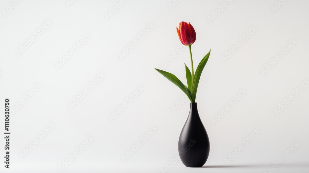 Elegant Red Tulip in Simple Black Vase on Minimalist Background Elegant Red Tulip in Simple Black Vase on Minimalist Background