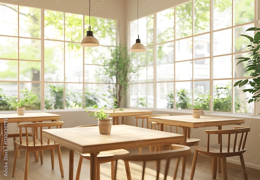 Sunlit Cafe Wooden Tables Chairs And Plants Sunlit Cafe Wooden Tables Chairs And Plants