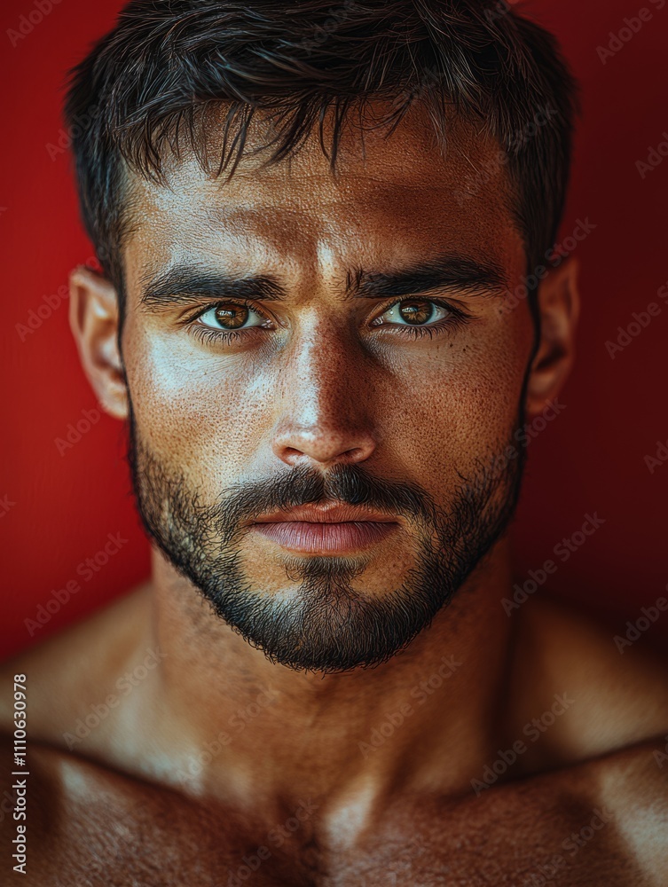 Fototapeta premium Portrait of a Man with Intense Expression and Red Background