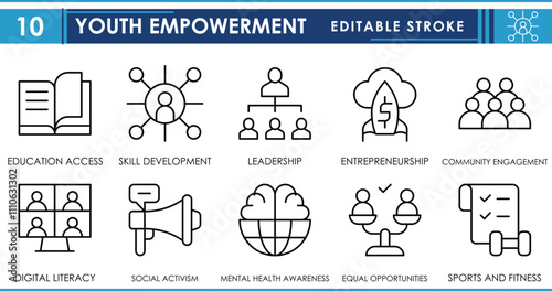 A set of line icons related to Youth Empowerment. Education access, skill development, leadership, community, digital, mental health, and so on. Vector editable stroke.