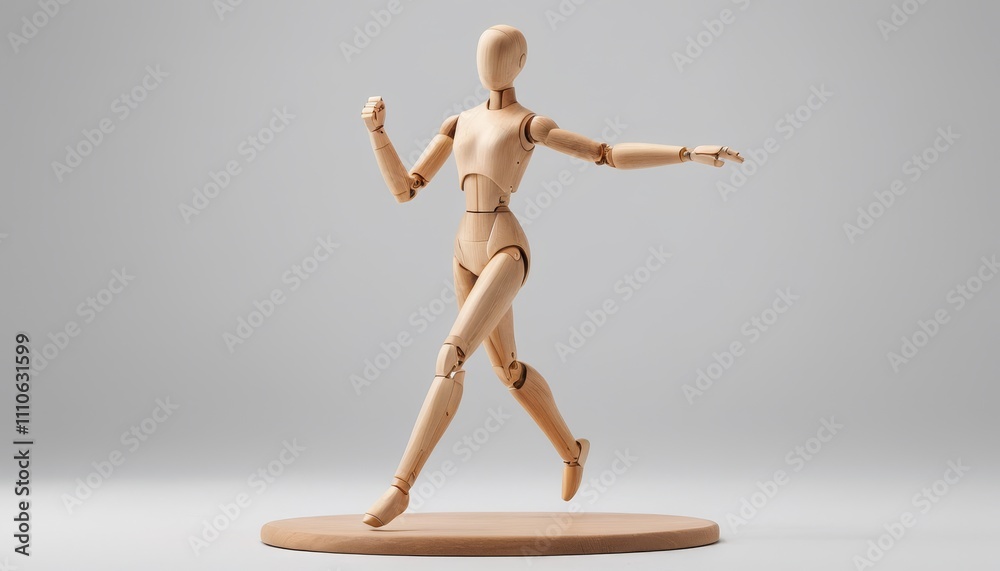 Small wooden mannequin in motion, frozen mid-run, on a neutral light gray background for a sleek and minimalist aesthetic Small wooden mannequin in motion, frozen mid-run, on a neutral light gray background for a sleek and minimalist aesthetic
