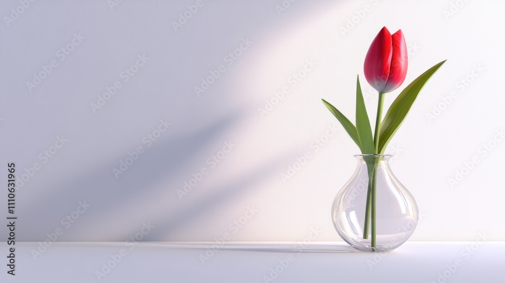 Elegant Red Tulip in Clear Vase with Soft Shadow Background Elegant Red Tulip in Clear Vase with Soft Shadow Background