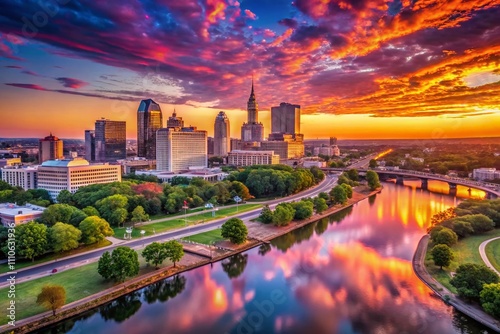Captivating Aerial View of Hartford, CT at Sunset with Vibrant Colors and Cityscape Reflections, Perfect for Nature and Urban Photography Enthusiasts