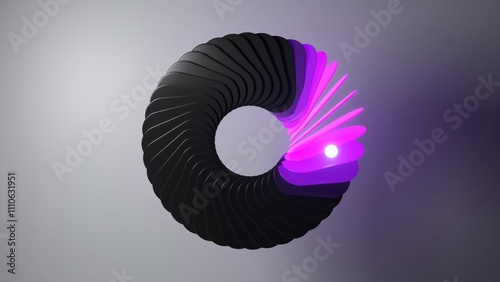 Black circular shape opening, revealing a purple light emitting from the center, creating a visually appealing contrast against a muted background
