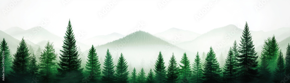 Fototapeta premium Lush green forest with misty mountains in background, serene nature