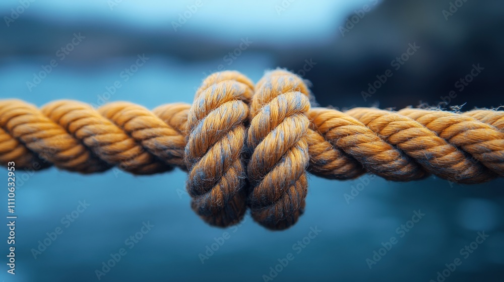 A close-up image of a sturdy, intricately knotted rope against a blurred background, showcasing its detailed texture and strength at a seaside location A close-up image of a sturdy, intricately knotted rope against a blurred background, showcasing its detailed texture and strength at a seaside location