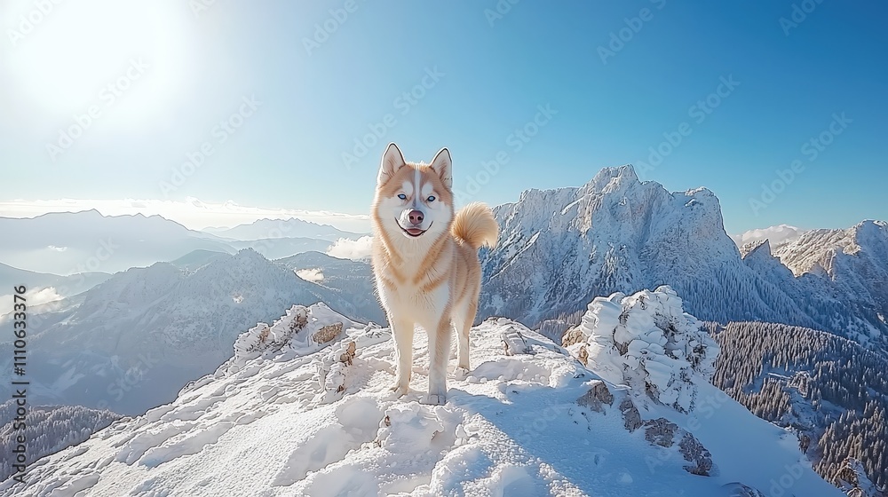 Fototapeta premium Majestic Husky Standing Proudly on a Snowy Mountain Peak Under a Bright Blue Sky, Capturing the Beauty of Nature and Cold Winter Atmosphere