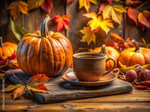 Captivating Autumn Still Life Featuring a Rustic Pumpkin, Cozy Mug, and Vibrant Fall Foliage in a Macro Photography Style for Seasonal Decor Inspiration