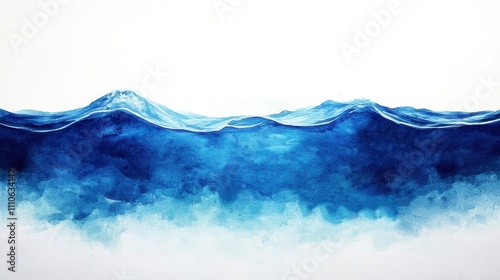 A serene watercolor depiction of ocean waves, showcasing deep blue hues and gentle splashes, on a white background.
